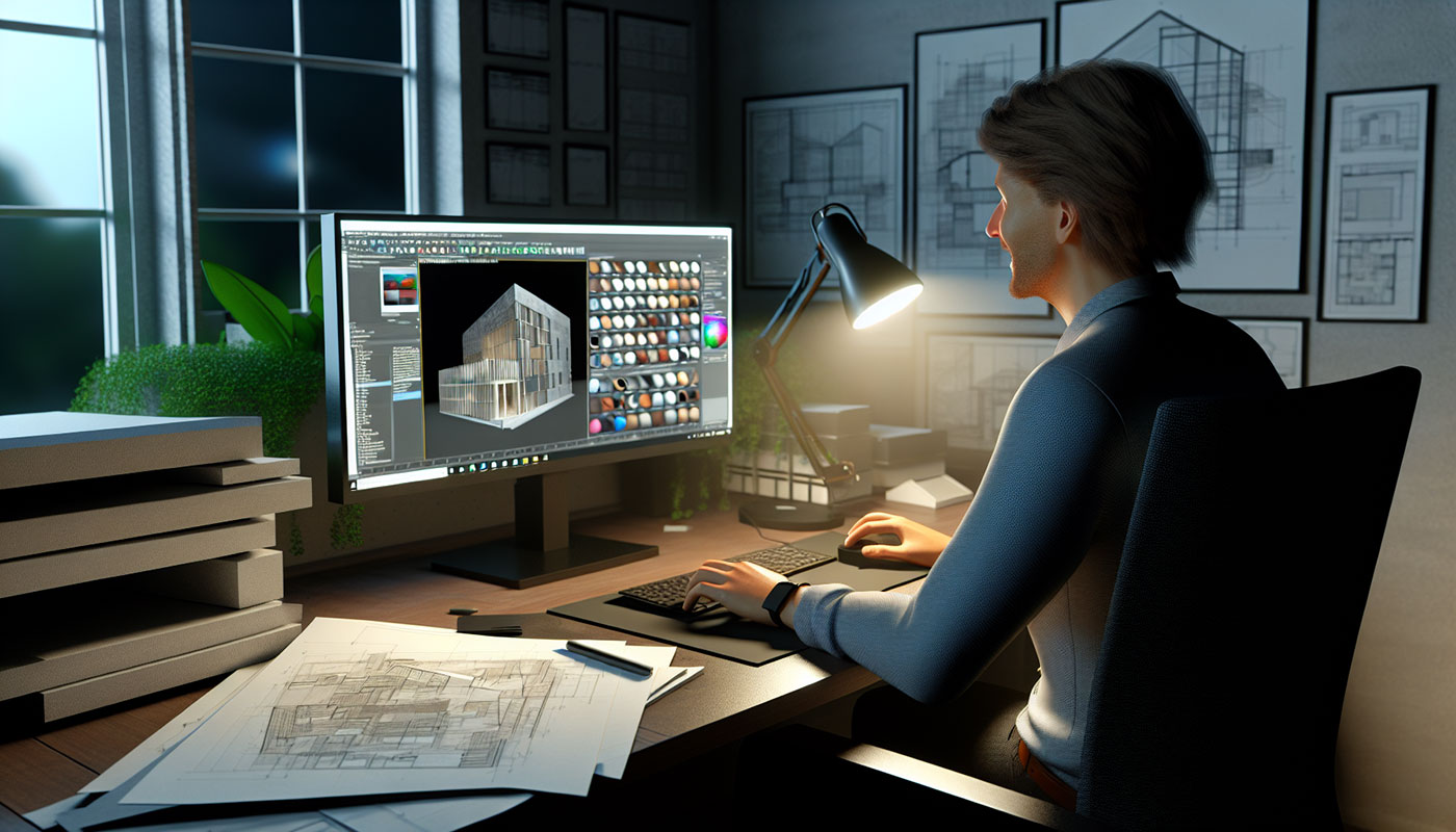Architect enhancing architectural renderings with material libraries and lighting plugins